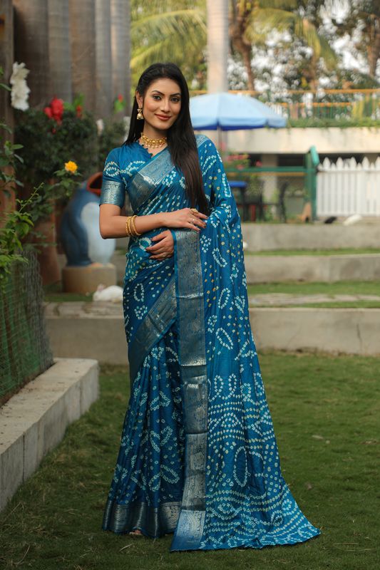 Sky Blue Wevon Border Designer & Handmade Bandhej Printed Handloom Silk Saree