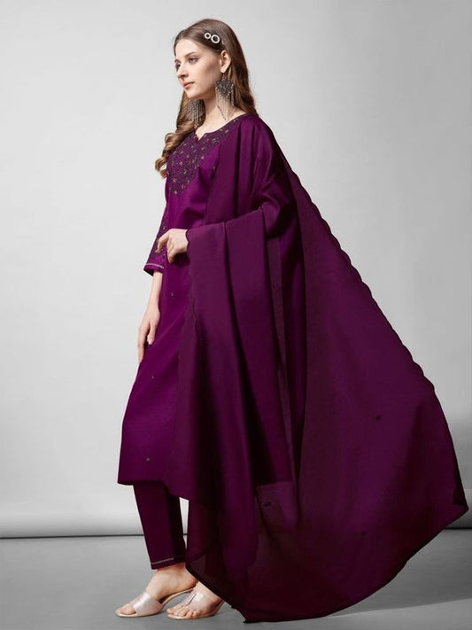 Purple Color Cotton Blend Readymade Dress With Designer Embroidery Work