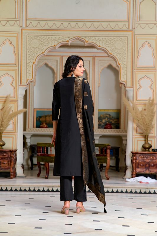 Black Chanderi Silk Straight Kurta