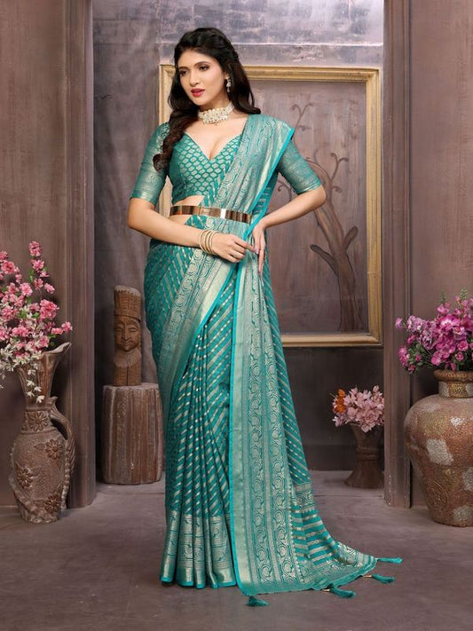 Sea Green Brasso Cutting Designer Work Moss Brasso Saree