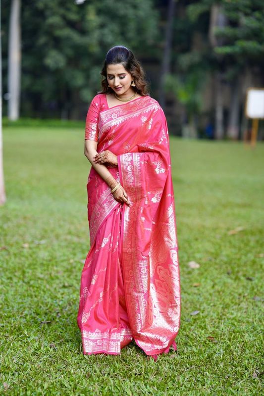 Pink Color  Wevon Jacquard Jari Designer Banarasi Silk Festive Ceremonial Saree