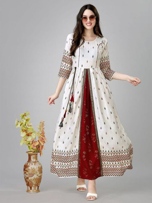 White Color Rayon Fabric Beautiful Designer Printed With Hand Work Long Kurti