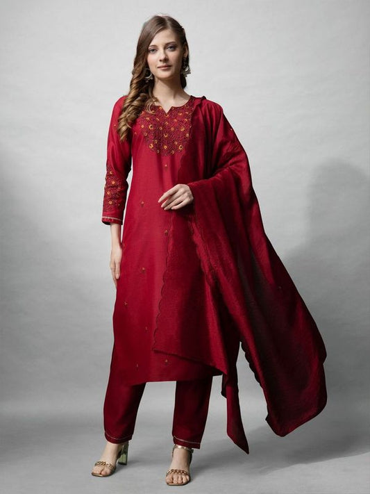 Maroon Color Cotton Blend Readymade Dress With Designer Embroidery Work