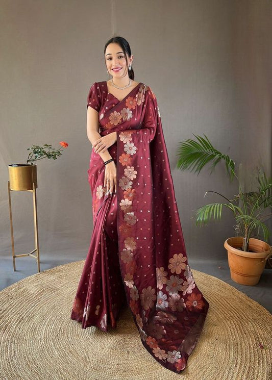 Maroon Weaving Jacquard Jari Designer Soft Silk Saree