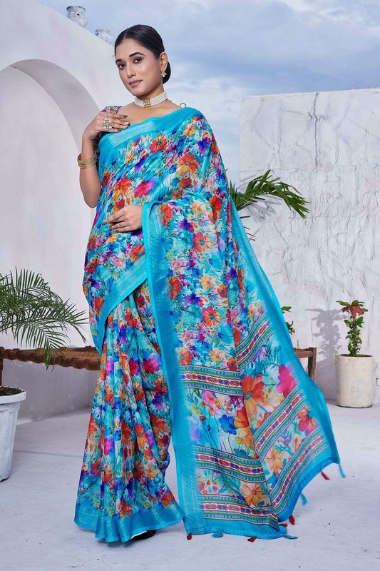 Blue Color Linen Blend Digital Printed Designer For Graceful Festive Looks