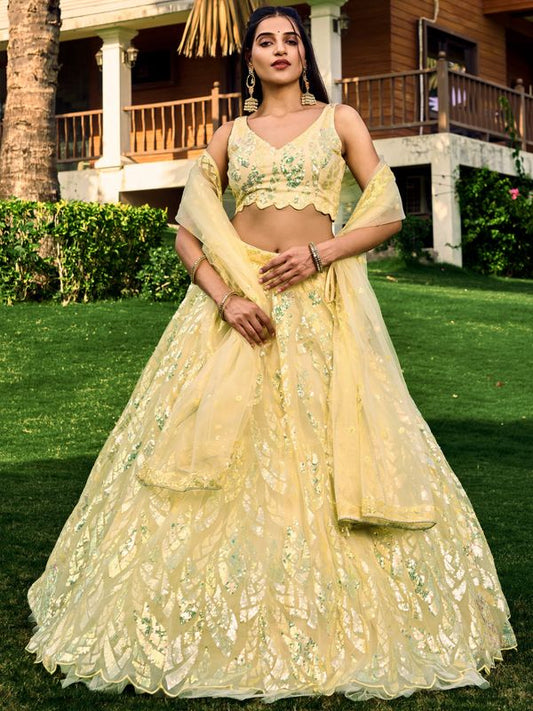 Yellow Women's Soft Net Embroidery Lehenga Choli