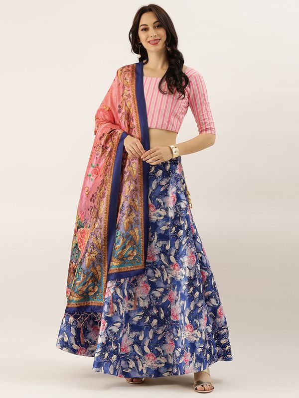 Digital Print Satin Silk Fabric Stitched Lehenga Choli With Jequared Blouse and Assami Silk Thread Work Dupatta For Women and Girls In Festive Party And Traditional Wear