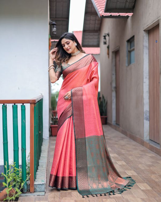 Red Wevon Copper Jari Designer Kanjivaram Silk Saree