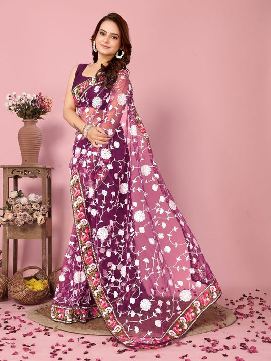 Wine Multy Thread Embroidery Work Soft Net Saree