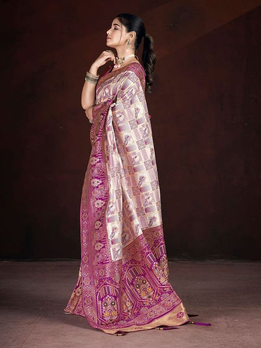 Purple Weaving Jari & Multi Thread Work & Motif & Crystal Hand Work Banarasi Silk Saree