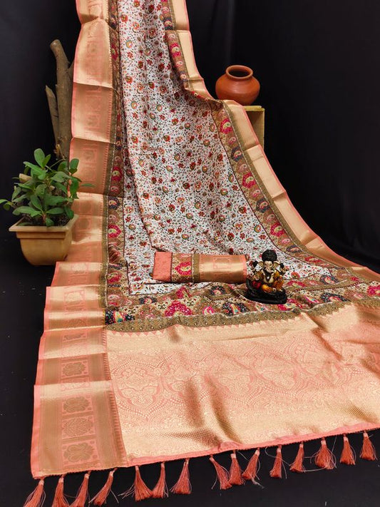 Peach Pashmina Wevon Designer Heavy Looks Saree With Digital Printed