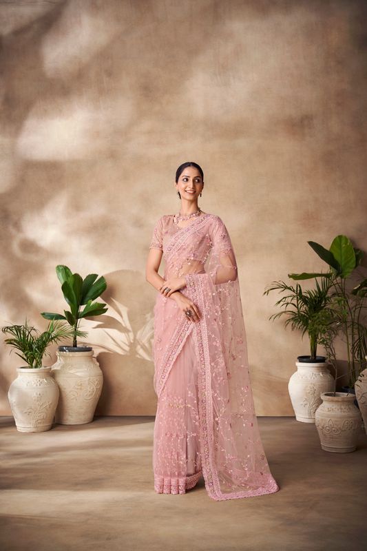 Peach Thread & Sequance Embroidery & Zarkan Work Net Saree