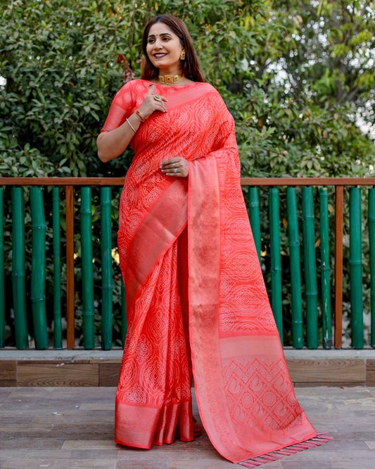 Red Dola Silk Wevon Pallu Border Designer Saree With Digital Print