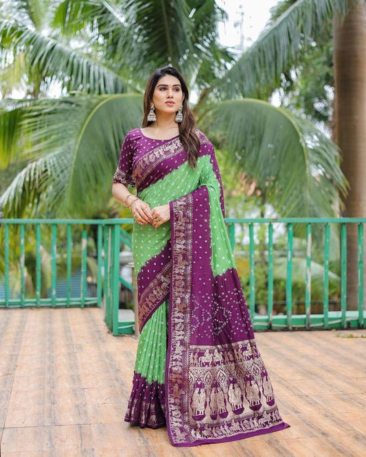 Mahendi Wevon Designer & Bhandej Printed Dola Silk Saree