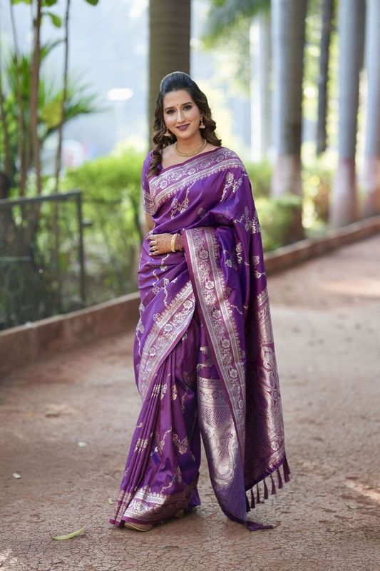 Voilet Wevon Jacquard Jari Designer Banarasi Silk Saree