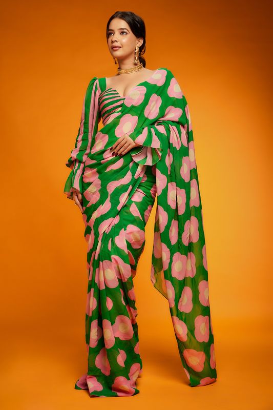 Green Digital Printed Satin Georgette Saree