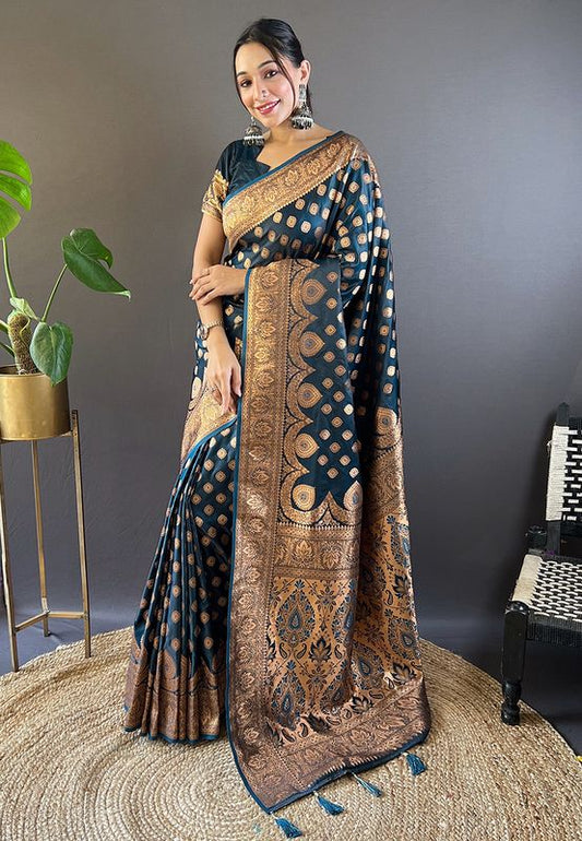 Blue Banarasi Satin Silk Weaving Jari Designer Ethnic Graceful Saree