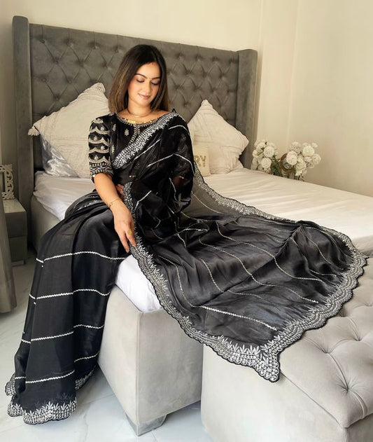 Black Heavy Silver Jari & Sequance Embroidery Work Jimmy Choo Saree