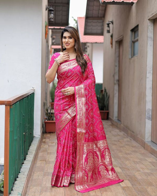 Pink Kanchi Wevon Jari Designer & Bandhej Printed Dola Silk Saree