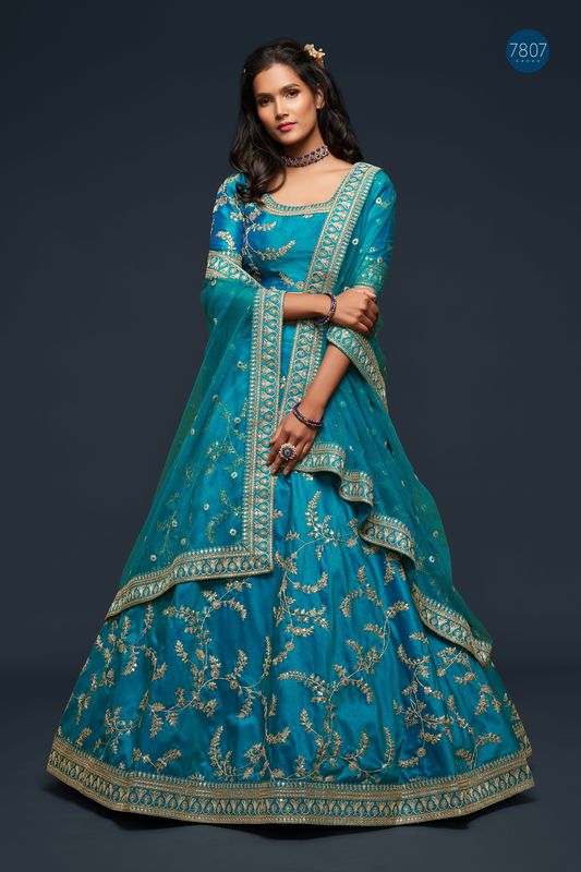 Teal Blue Women's Art Silk Embroidery Lehenga Choli