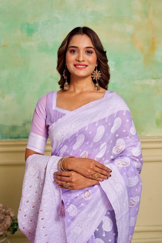 Lavender Cotton Woven Saree With Tassels on Pallu and Stitched Lavender Blouse