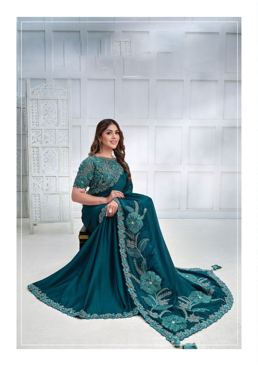 Teal Cord & Sequence Embroidered & Stone Work Crepe Satin Silk Saree