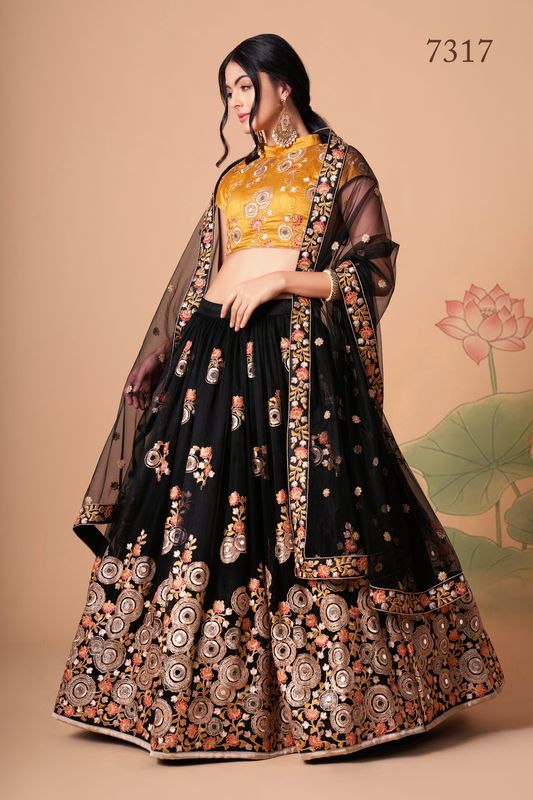 Black and Yellow Women's Soft Net Embroidery Lehenga Choli