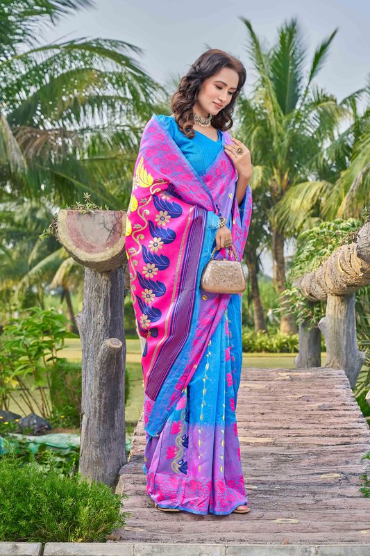 Blue Color Silk Cotton Wevon Thread Designer Ethnic Casual Looks Saree