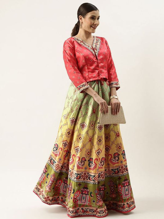 Ethnic Motifs Digital Print Shiney Satin Croptop Lehenga Choli With Blouse For Women and Girls