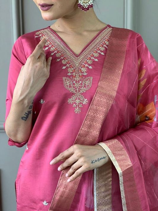 Pink Chanderi Viscose Straight Kurta