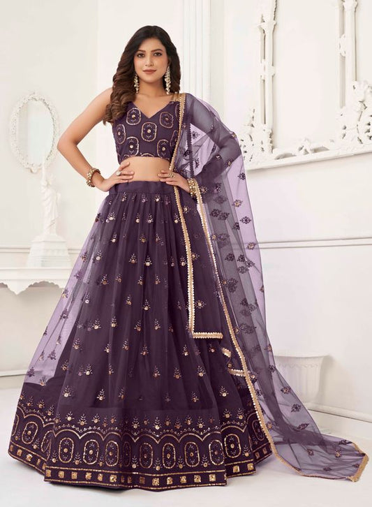 Dusty Wine Color Net Fabric Lehenga Choli With Sequins And Thread Embroidery Work