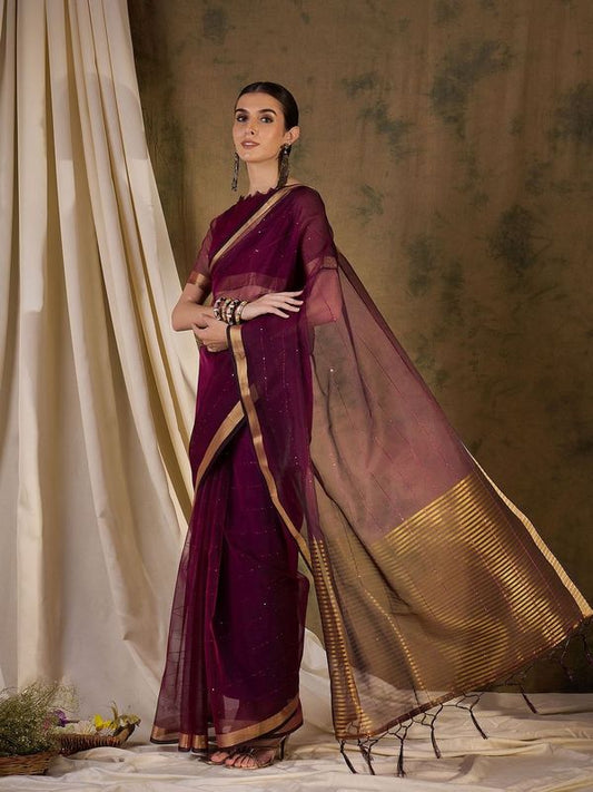 Wine Wevon Jari Pallu Border Designer & Sequance Lining Work Organza Silk Saree