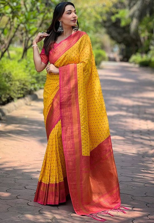 Yellow Wevon Copper Butti Designer Soft Silk Saree