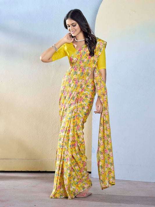 Yellow Designer Printed Georgette Saree