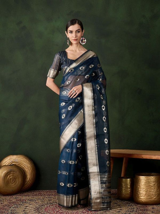 Teal Wevon Jacquard Designer Khadi Organza Saree