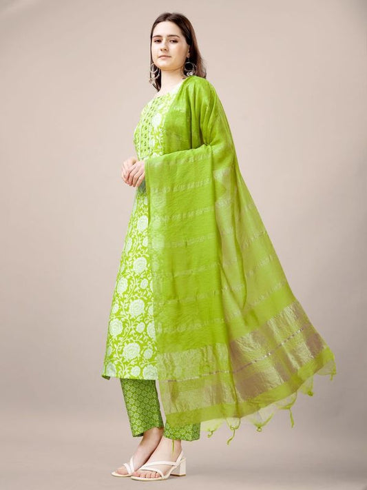 Parrot Green Color Rayon Fabric Designer Printed Readymade Suits With Smart Embroidery Work