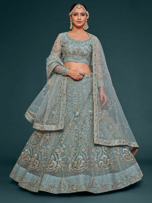 Ocean Aqua Women's Soft Net Embroidery Lehenga Choli