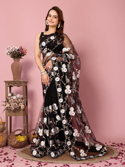 Black Designer Thread Embroidery Work Net Saree