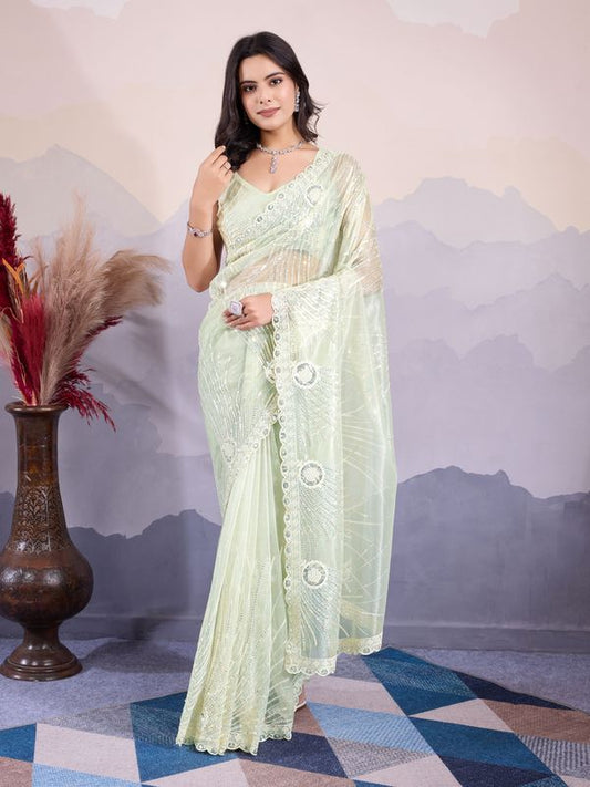 Glamorous Twill Net Fabric Pista Color Designer Sequance Embroidery Work Trendy Saree