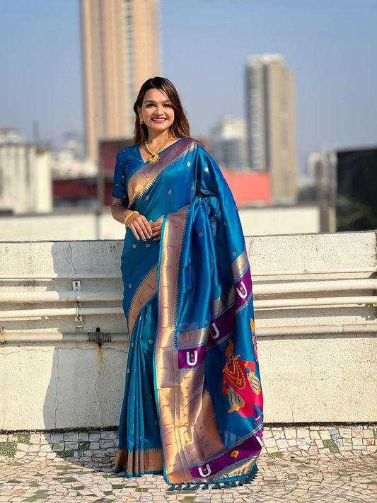 Blue Wevon Paithani Vitthala Designer Soft Silk Saree