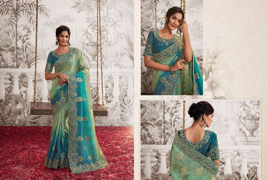 Sky Blue & Sea Green Heavy Designer Embroidery Work Dola Viscose Silk Saree