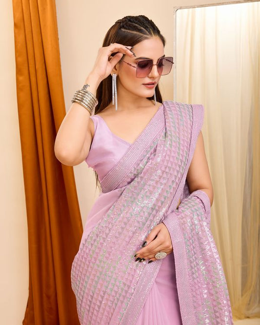 Purple Heavy Sequance Embroidery Work Georgette Saree