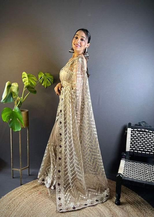 Beige Foil Thread Embroidery & Stone Work Butterfly Net Saree