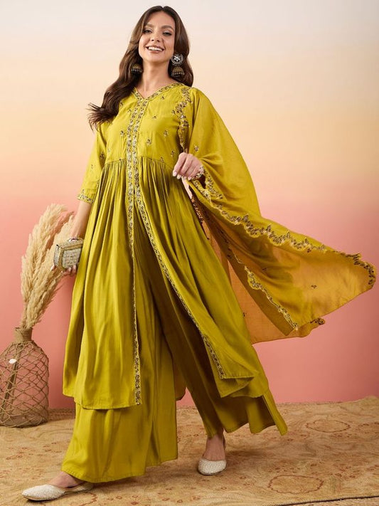 Yellow Color Beautiful Woven Silk Readymade Suit with Festive Thread Embroidery Work