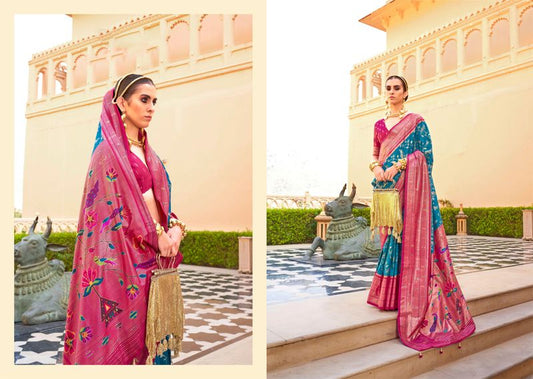 Sky Blue & Pink Wevon Designer & Printed P V Silk Saree