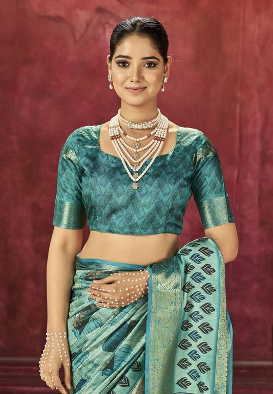 Sea Green Wevon Border Designer With Printed Dolla Silk Saree