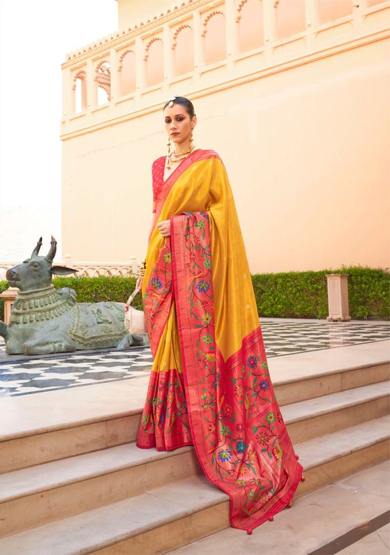 Yellow & Pink Wevon Designer & Printed P V Silk Saree