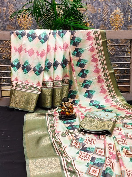 Green Dola Silk Wevon Designer Heavy Ethnic Saree With Trendy Digital Printed