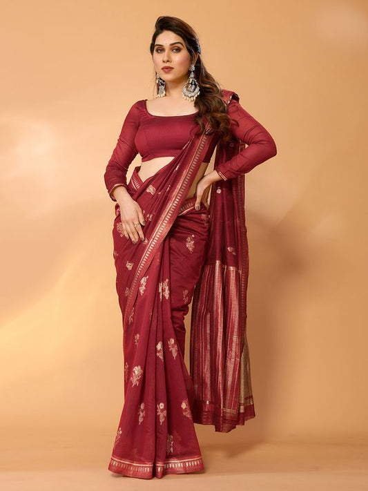 Maroon Wevon Designer Chanderi Silk Saree