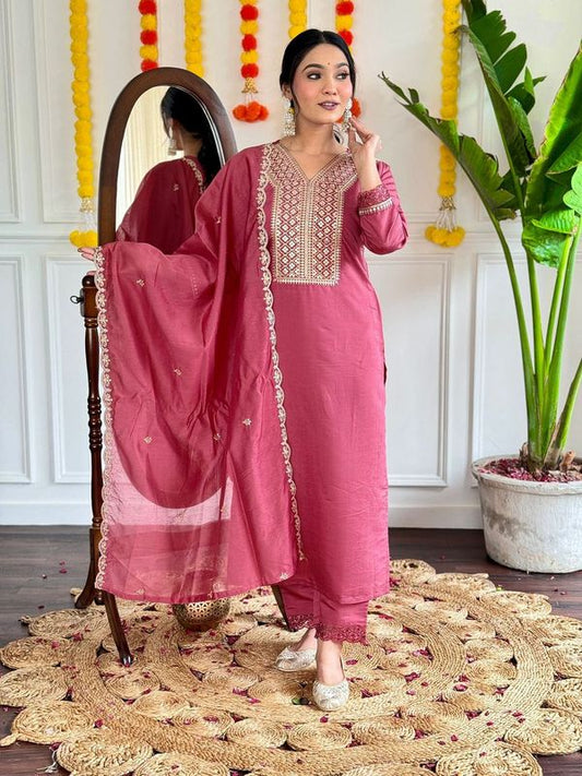 Beautiful Burgundy Color Viscose Chanderi Fabric Graceful Embroidered Readymade Suit